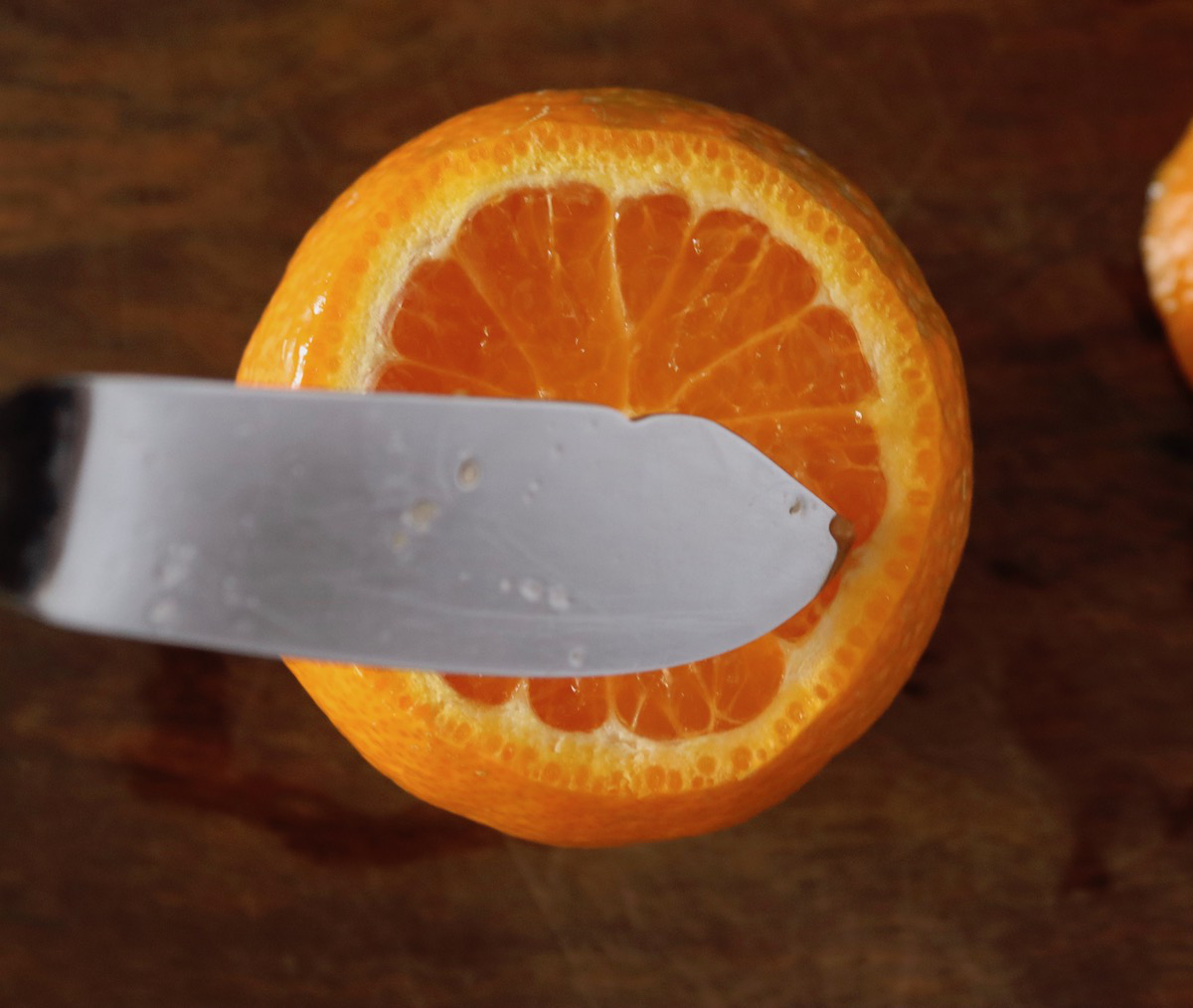 Tip of a butter knife about to cut around the fruit inside a tangerine.